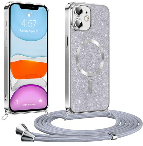 Phoona Coque pour iPhone 11 avec Cordon, Etui à Paillettes Compatible avec MagSafe, Antichoc Protection Coque pour Magnétique avec Réglable Collier, Argenté