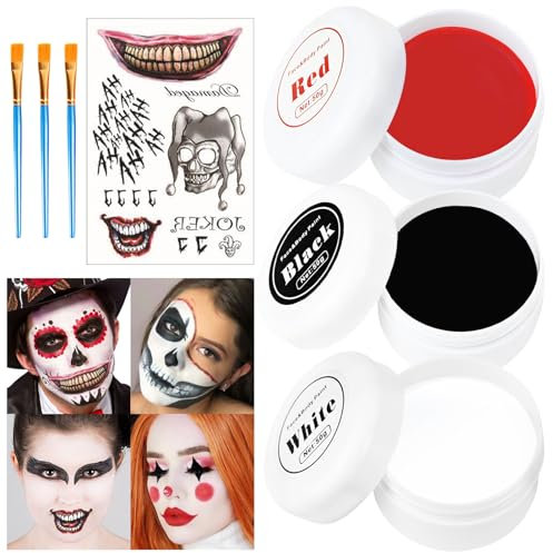Halloween Maquillaje,150g Halloween Payaso Maquillaje Negro Blanco Rojo Tatuajes 3 Pinceles de Maquillaje, olor del Cuerpo Pintura Facial Halloween Maquillaje Teatral Cosplay Vampiro Payaso Maquillaje