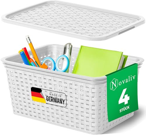 Novaliv 4er Set Elegante Aufbewahrungskörbe mit Deckel in Rattan-Optik | Weiß Lebensmittelecht Kunststoff 5L ? für Büro und Zuhause. Vielseitige Kisten zur Aufbewahrung. Ideale Aufbewahrungsbox