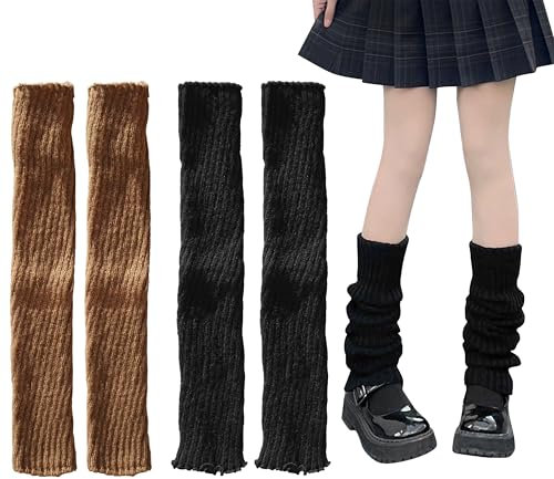 TOOINKCV 2 Pairs Knitted Leg Warmers for Women Ladies, 80s Women Leg Warmers, Winter Boot Cuffs Warm Knee Warmers for Girls, Kawaii Crochet Legwarmers Knee Socks(Khaki Black, 40cm)