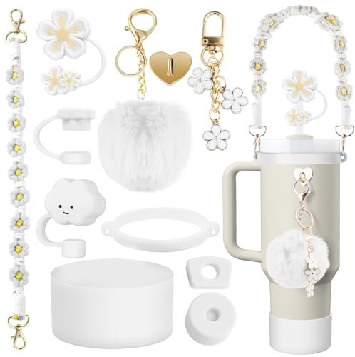 Stanley Cup Accessoires Blanche, 11 Pièces Accessoire Stanley Cup Anti Fuite Compatible avec Stanley Cup 1,2l & 850ml, Couvercles de Paille pour Tasse Stanley, Bande Antidérapante pour Bouteille d'Eau