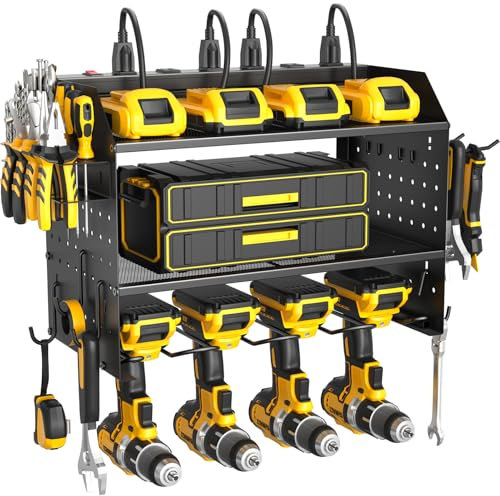 ZESEN Power Tool Organizer Wall Mount, 3 Layer Charging Station with 6 Outlets, 4 Drill Holders and Drill Bit Rack, Tool Holder Storage Shelf Rack for Garage, Workbench and Workshop, Black