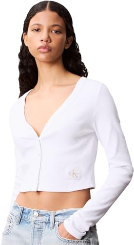 Calvin Klein Damen Strickjacke Cardigan Woven Label Rib mit Knopfleiste, Weiß (Brilliant White), S