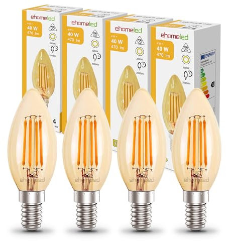 ehomeled E14 LED Filament Kerzenlampe Extra Warmweiß 2300K, Gold Glas, 470lm 4W (=40W), Vintage Glühbirne für Bar Restaurant Dekoration, Nicht Dimmbar, 4er-Pack
