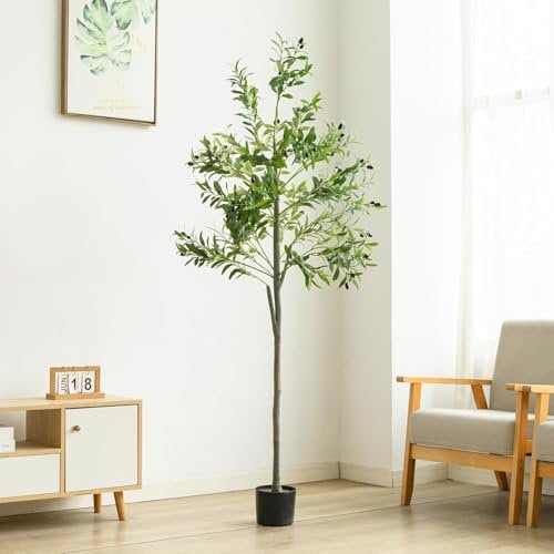 Artificial Olive Tree, 6FT Tall Faux Silk Plant Artificial Tree in Potted Oliver Branch Leaves and Fruits for Modern Home Decor Indoor