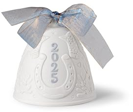 LLADRÓ Christmas Bell Year 2025 Blue. Decorative Ornament in Matte Porcelain with Blue Details. Porcelain Christmas Bell.