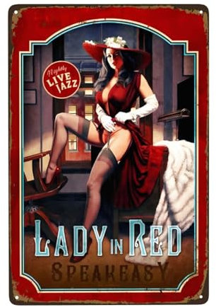 Vintage Metallschild, Dame in Rot Pin Up Girl Sexy Girl Speakeasy Blechschild, lustiges Deko-Poster für Zuhause Mann Höhle Bar Garten Garage Wandtafel Eisenschild 20 x 30 cm