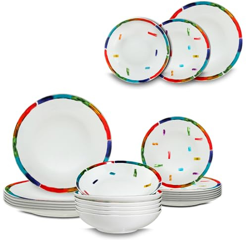 ARCA, Set 18 Piatti Coordinati Arcobaleno in Porcellana Decorata, Servizio per 6 Persone, con Piatti Fondi, Piani e da Dessert, Moderni e Colorati, Lavabili in Lavastoviglie