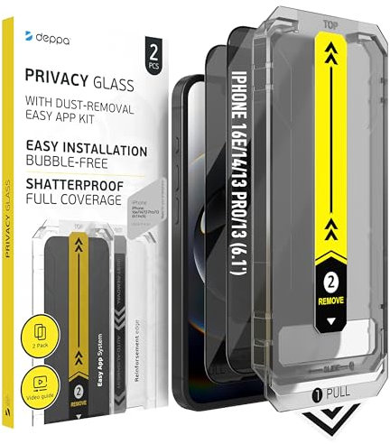Deppa | 2 Stück | Sichtschutz für iPhone 16e/iPhone 14/13 Pro/13 (6.1') mit Smart-Schablone | staub&blasenfrei | 9H gehärtetes | vollständiger Schutz |