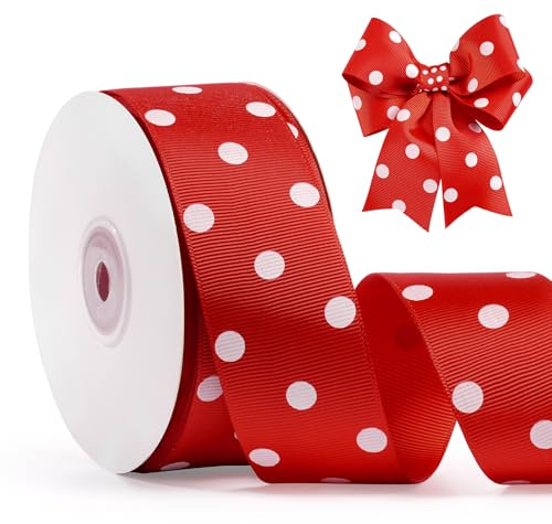 FAKILO Punktband 38mm x 22m Punkt Schleifenband Rot-Weiß Punkte Band Geschenkband Dekoband Grosgrainband Polka Dot Band für Weihnachten Hochzeit Taufe Ostern Halloween