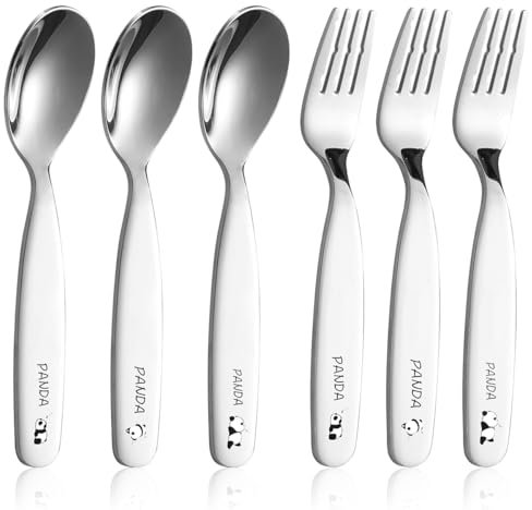 6 PCS Posate per Bambini, Forchetta e Cucchiaio in Acciaio Inossidabile, 13,3 cm Forchette per Bambini,Adatti per Cucina, Dessert e Mense Scolastiche (Panda, Animalier)