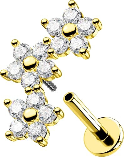 OUFER 16G Gold Conch Piercing Innengewinde Knorpel Ohrpiercing Blume Klar CZ Helix Earring Edelstahl 316L Conch Lobe für Frauen 8 mm Lip Stud