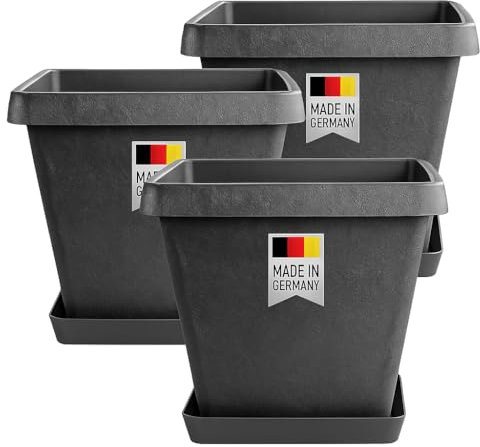 3er Set Design-Pflanzkübel Groß, Elegante Steinoptik, 34x34x28 cm, Blumenkübel mit Untersetzer, Farbe: anthrazit Made in Germany