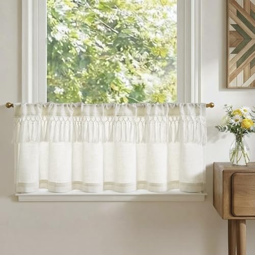 TOPICK Scheibengardinen Küche Leinen Bistrogardine mit Tunnelzug Beige Spitzenborte Volant für Wohnwagen kinderzimmer Landhausstil Shabby Chic Gardinen Kurz Lichtdurchlässig 1er Set 125Bx45H cm Weiß