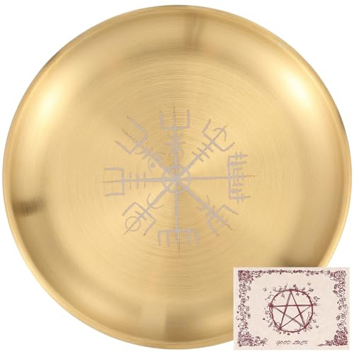 CREATCABIN Ritual Altar Tray Gold Offering Dish Metal Stainless Steel Flat Round Candle Holder Bowl Plates with Envelope and Cards for Smudging Decorations Incense Burner Divination 5.5 Inch