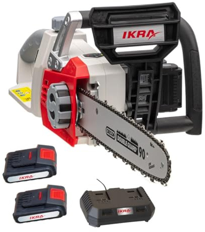 IKRA - Tronçonneuse sans Fil 40V (2x20V) Moteur Brushless 2000W Guide Oregon 35,5cm Tension sans Outil Frein Anti-Rebond - Inclus 2 Batteries 2Ah et Chargeur double Rapide