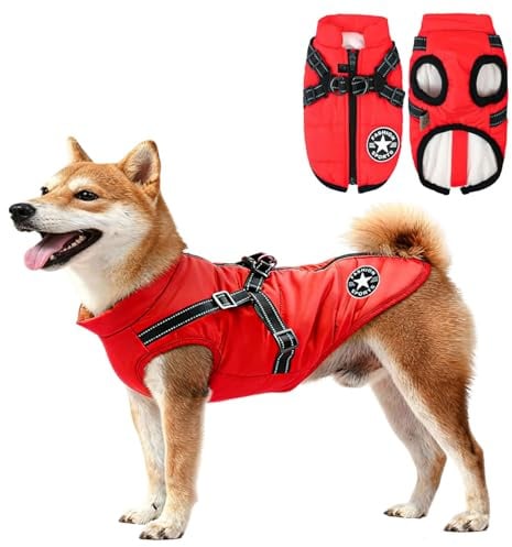 Hundejacke Winterweste Jacken, Hundejacke mit Geschirr, Hundemantel Wasserdicht, Warmer Hunde Wintermantel, Hunde Winterweste gefüttert, Maschinen Waschbarer, Wasserdicht (XL, Rot)