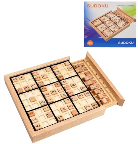 Wooden Sudoku Puzzle Board Game with Drawer, Includes Extra Number Tiles and Puzzles Booklet, Educational Logic Brain Teaser Toy for Adults and Kids (Black)​