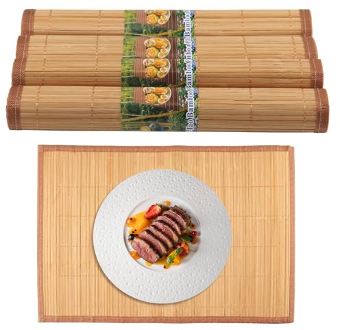 Vaskula 4 Stück Tischset Bambus 44 x 30cm Bambus Platzmatten Set Waschbar Sushi Matte Bambu Rutschhemmend Tisch Platzset Stoffrand Tischunterlage Esstisch für Partys Familientreffen Urlaubsfeiern