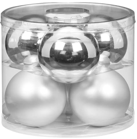 MAGIC Weihnachtskugeln Glas 10cm 6 STK. Christbaumkugeln Christbaumschmuck (Silber Glanz/weiß matt)