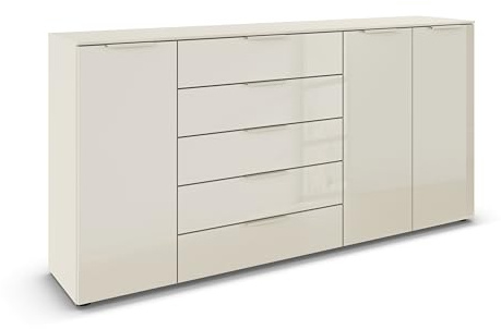 Rauch Möbel Flipp, Kommode, Farbe Glas Beige, Breite 199 cm | Sideboard, 3-türig, 5 Schubladen, Glasfront, Soft-Close-Funktion, für Schlafzimmer, Gästezimmer, Wohnzimmer, Garderobe, Flur