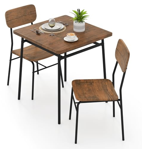 GIANTEX Esstisch mit 2 Stühlen, Essgruppe für 2 Personen, 70 x 70 cm Küchentisch Esszimmertisch mit Ablageregal, Esszimmergruppe mit Metallrahmen, Küchenbar Sitzgruppe (Rustikales Braun)