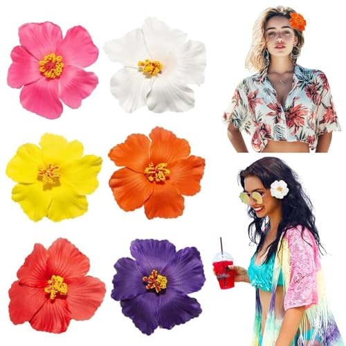 6 Piezas Horquillas de Flores Hawaianas para Mujeres, Pinza de Pelo de Plumeria Hibisco, Clips de Flores Artificiales para Vacaciones, Fiesta en la Playa