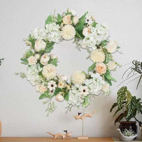 JOYWU Artificial Peony Hydrangea Floral Wreaths for Front Door,45cm Colorful Spring Flower Wreath with Luxury Peonies,Hydrangeas and Greenery,Summer Flower Door Wreath Decoration (white)
