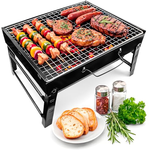 Verda Holzkohlegrill Tragbar Klappgrill BBQ Tischgrill Camping Grill Koffergrill Faltbar Stahl Chromrost 36x27cm Leicht Kompakt Balkon Garten Reise Grill