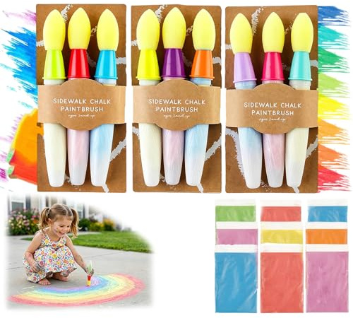 Pintura de Tiza para aceras, 9 Pinceles Lavables con Polvo de Tiza, Reutilizables. Solo Hay Que añadir Agua para Usar. Fácil de Limpiar para Que los niños creen Arte al Aire Libre. (3PCS)