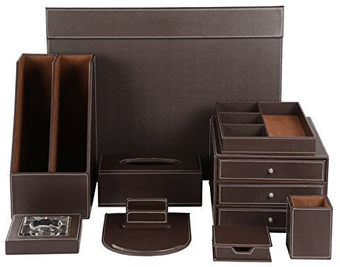 KINGFOM™ 10pcs Leder Schreibtisch Organizer Set -- Inklusive Schubladenbox, Schreibunterlage ,Mauspad ,Stiftablagen, Kosmetiktücherbox , Zeitschriftensammler Halter , Aschenbecher,Stifthalter, Visitenkartenhalter und Zettelbox ( T07-Braun)