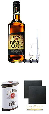 Jim Beam Devils Cut 0,7 Liter + 2 Glencairn Gläser + Einwegpipette 1 Stück + Jim Beam Malt Whisky Fudge in Blechdose 300g + Schiefer Glasuntersetzer eckig ca. 9,5 cm Ø 2 Stück
