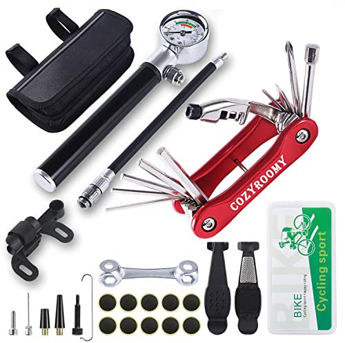 COZYROOMY Fahrrad Reifen Reparaturset - Reparatur Werkzeug Set mit 210 Psi-Minipumpe 10 in 1 Multitool (Mit Kettenabscheider),10 Fahrrad Flicken, 3 In 1 Reifenheber, Saddle Bag. 6 Monate Garantie