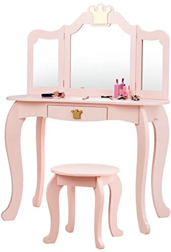 COSTWAY Kinder Schminktisch mit Hocker und Abnehmbarer Spiegel, Mädchen Frisiertisch Holz, Kindertisch mit Schublade, Spiegeltisch 80x42x105cm (Rosa)