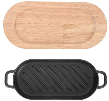 TOPBATHY 1set Cast Iron Steak Plate for Teppanyaki EEL Grilled Fish Mini Fry Plate Wooden Board for Restaurants Home Cooking