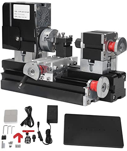 100‑240V Micro Tornio Mini Tornio per Metallo Rettifica per Fresatura 12VDC 5A 60W 12000RPM Tornio Rotante Ad Alta Potenza con Mandrino per la Lavorazione del Legno Plastica Metallo(Spina UE)
