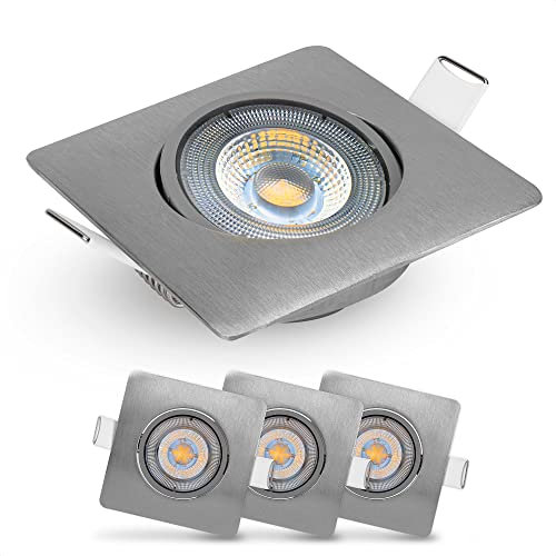 EMOS LED Einbaustrahler 230V, 5W / 450lm, 50° schwenkbar, Deckenspots warmweiß 3000k | Einbaustrahler LED Spot flach 68mm Lochmaß | Set mit 3 Stück LED Spots 230V, Einbauleuchten eckig (Farbe silber)