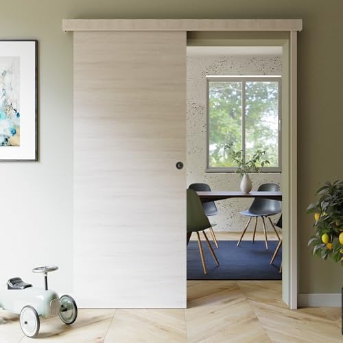Mon Marché Déco Kit Porte Coulissante Oslo Avec Rail 83 cm, Système Coulissant en Applique, Rail Coulissant Breveté en Aluminium Coulicool, Gain de Place et Sécurité - Avec Serrure