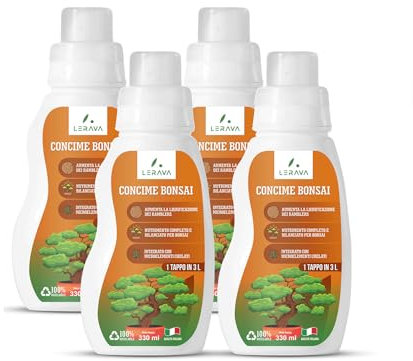 LERAVA® abono líquido para bonsáis - 4 x 330 ml con tapón dosificador - abono para bonsáis de ficus gingseng, fukientee o arce japonés con oligoelementos - Favorece la lignificación - Made in Italy