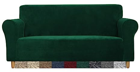 CMAKER Velvet Sofa Covers - 2 Seater Stretch Couch Cover with Non Slip Elastic Bottom - Furniture Protector Sofa Slipcovers for Pets (Dark Green)