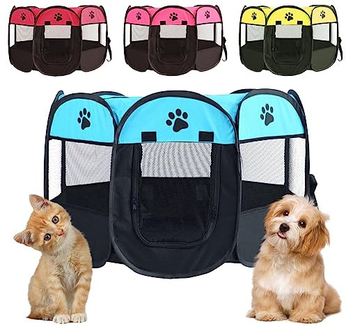 Welpenlaufstall Tierlaufstall Faltbar für Hunde, Welpenauslauf Oxford-Gewebe Hundehütte Wasserdichter Laufstall für Hunde Hasen Meerschweinchen Katzen für innern oder außen, Blau+Schwarz