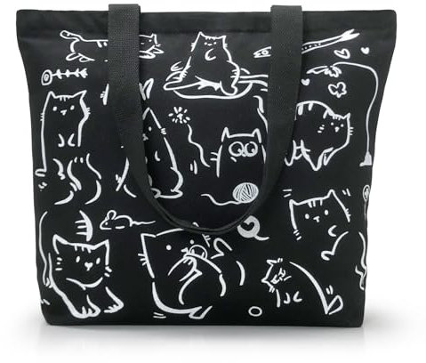WIERAEM Bolso Shopper de Tela para Mujer, Tote Bag Esthetic, Bolso de Lona de Algodón con Cremallera y Bolsillos Reutilizables para Compras, Negro Gato, 42 cm x 7 cm x 34
