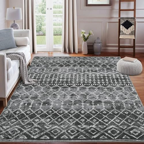 LuxFocus Maschinenwaschbar Teppich Boho Teppich rutschfest Kurzflor Innen-Teppich für Schlafzimmer Wohnzimmer Marokkanischer Teppich Faltbare Bodenmatte Schwarz 120x170 cm