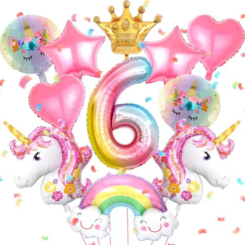 12 Stück Rosa Luftballon Einhorn Geburtstagsdeko 6 Jahre Mädchen Runde Folienballon Einhorn Kindergeburtstag Party Deko Mit Krone/Regenbogen/Stern/Herz/Band/Zahl Für Einhorn Thema Festival Party