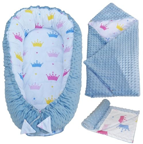 Leanbe Babynestchen-Set, 90x50 cm Baumwolle, 3-teilig mit Kuschelnest und Decke, für Neugeborene (BLAU/Bunte Kronen)