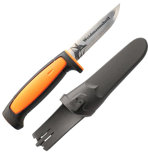 WPW Jagdmesser mit Fuchs/Weidmannsheil Gravur, orange/schwarz, 91 mm Carbonstahlklinge, inkl. Kunststoffscheide