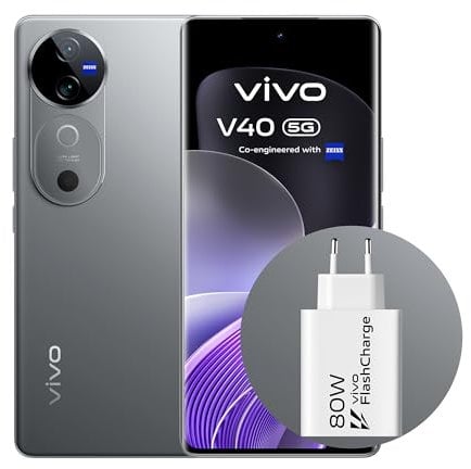 VIVO V40 5G Smartphone, 12GB RAM + 512GB ROM, Pantalla 6.78” AMOLED Curva 120 Hz, Cámara 50 MP con ópticas ZEISS, Batería BlueVolt XL de 5500mAh, Carga rápida Flashcharge 80 W, Plata