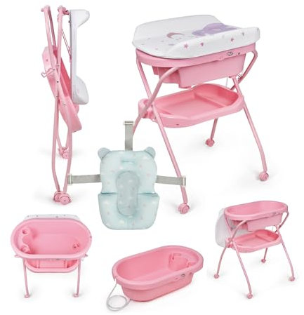 Ms Bubble + Reductor - Bañera Bebé Ergonómica con Patas y Cambiador Impermeable Acolchado con Cierre Compacto, Organizador, 4 Ruedas con Frenos.