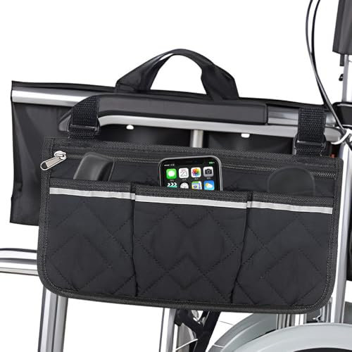 katmerio Rollstuhltasche für Armlehne, Rollstuhlaufbewahrungstasche mit 3 Fächern und Reflektierenden, Wasserdicht Groß Rollstuhl Rucksack, Schwarz