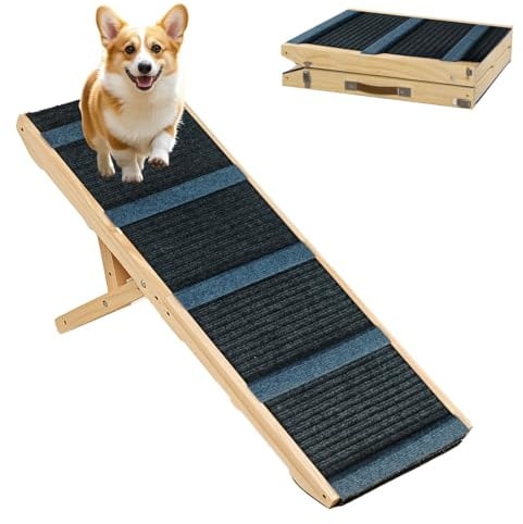 Hundetreppe, Hunderampe aus Holz Klappbar, 4-stufig höhenverstellbar 26–50 cm Rampe Hund Katzen Haustiertreppe mit Rutschfestem Teppich und Querstangen, für Auto, Sofa, Bett(bis 60 kg,100 × 41cm)